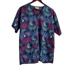 Shana Women Scrub Top L Navy Butterfly‎ Medical Uniform Nurse Workwear Dental
